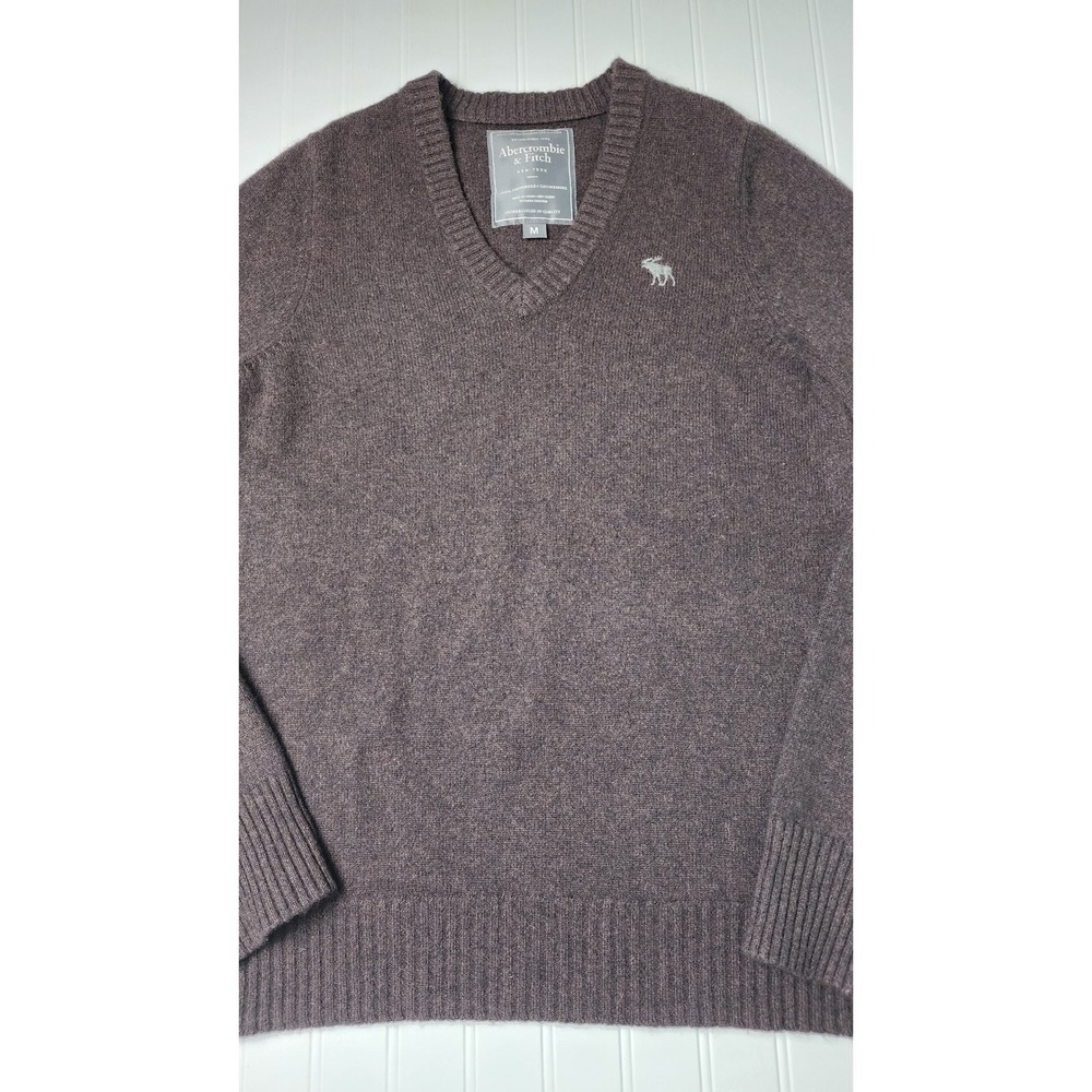 Abercrombie & Fitch V-Neck Sweater Mens M Brown 100% Cashmere Moose Logo